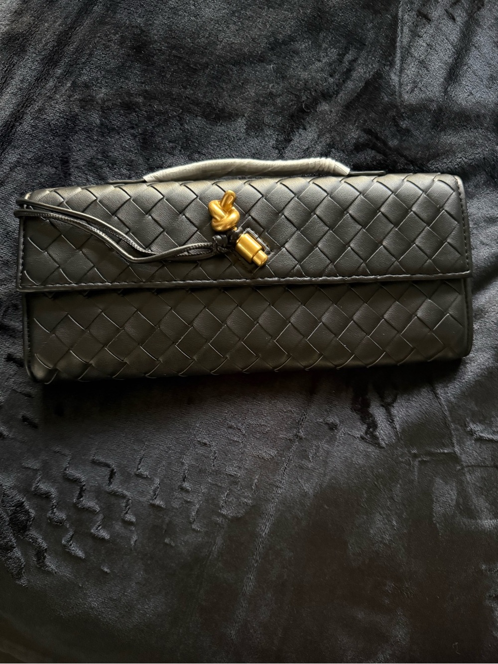 Commense Black Woven Flap Clutch Shoulder bag with Gold Knot Accent